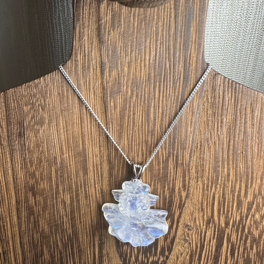 Blue Flash Moonstone Goldfish Pendant Necklace on Sterling Silver Box Chain - Picture 11 of 15